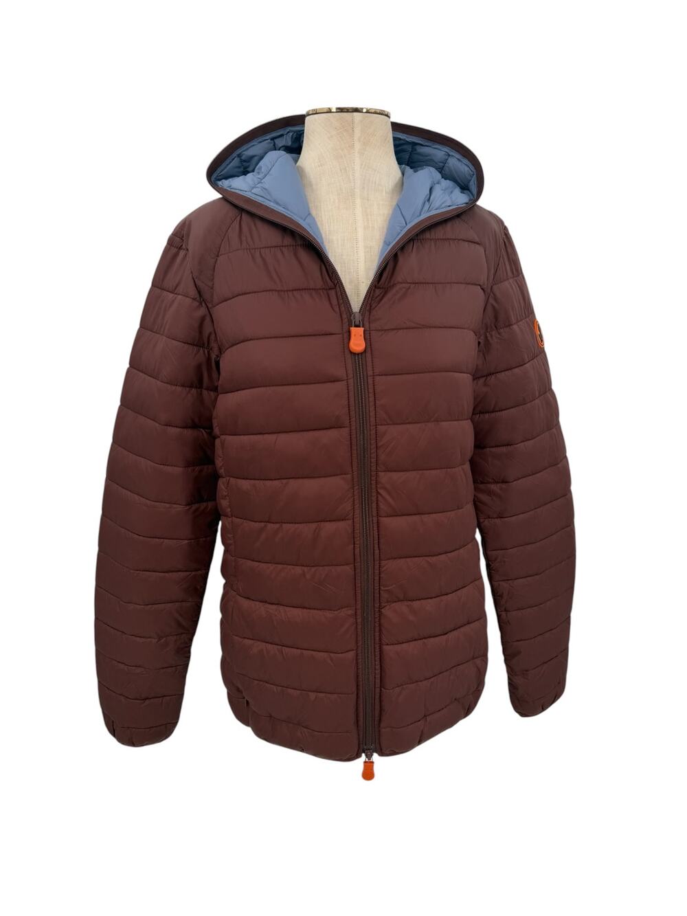 Save The Duck Ultra Light PLUMTECH Hooded Puffer Jacket Brown Blue Size Medium